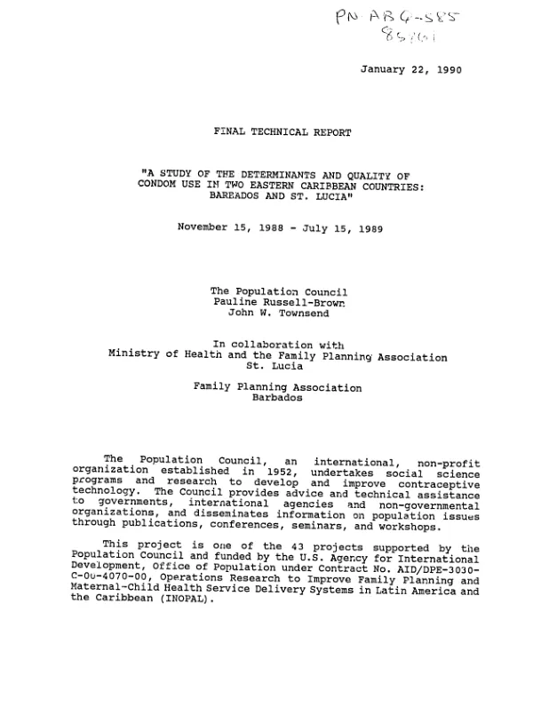 Final technical report : a study of the determinants and quality of condom use in two Eastern Caribbean countries : Barbados and St. Lucia