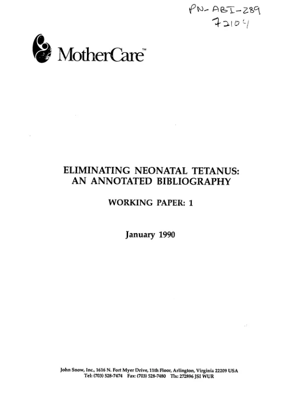 Eliminating neonatal tetanus : an annotated bibliography