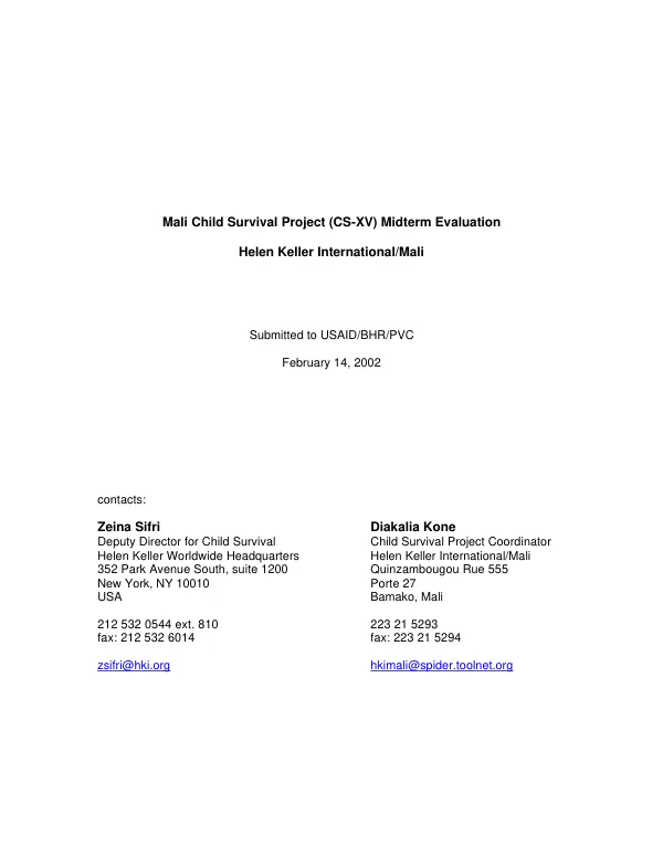 Mali child survival project (CS-XV) midterm evaluation : Helen Keller International/Mali