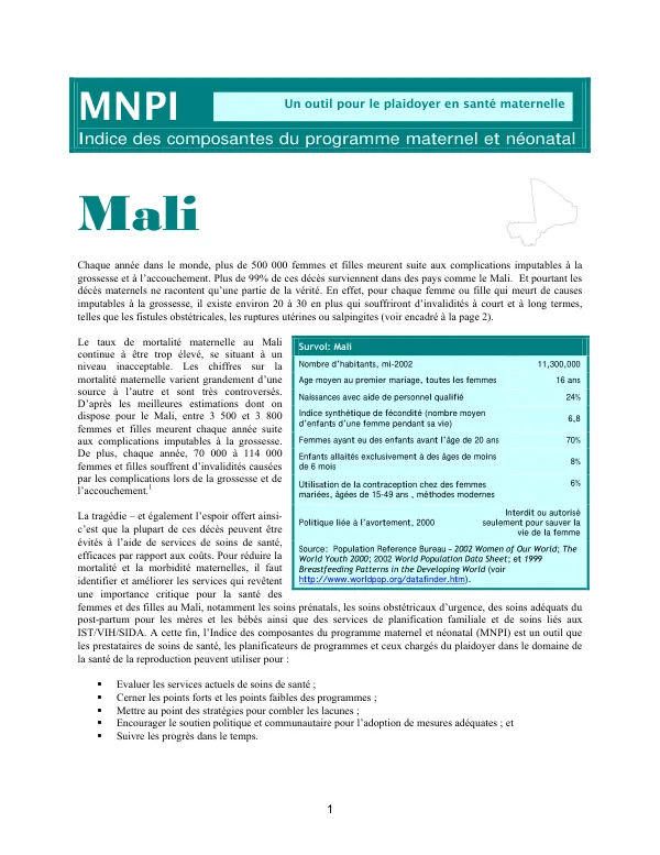 Un outil pour le plaidoyer en sante maternelle : MNPI (indice des composantes du programme maternel et neonatal) -- Mali