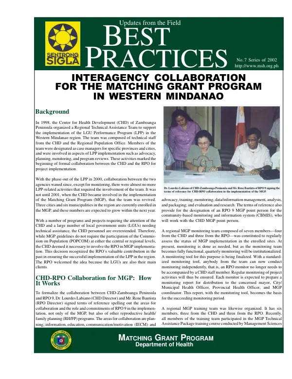 Interagency collaboration for the matching grant program [MGP] in Western Mindanao[, Philippines]