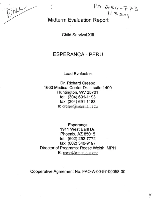 Midterm evaluation report : child survival XIII -- Esperanca, Peru