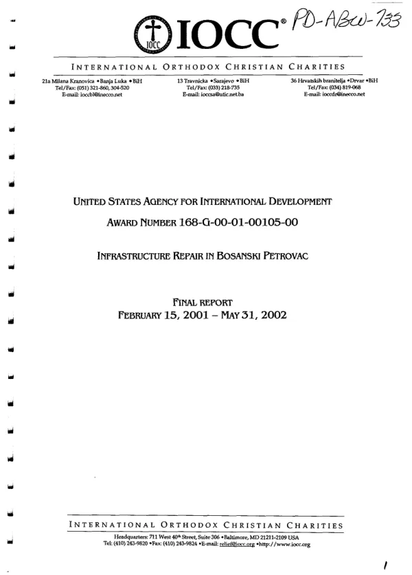 United States Agency for International Development, award number 168-G-00-01-00105-00 : infrastructure repair in Bosanski Petrovac -- final report, February 15, 2001-May 31, 2002