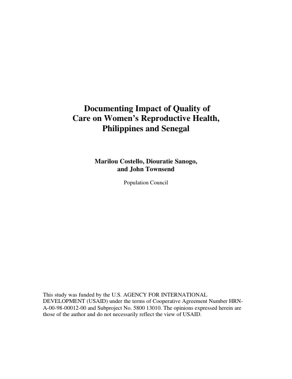 Documenting impact of quality of care on women"s reproductive health, Philippines and Senegal