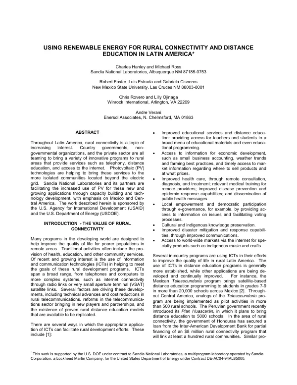 Using renewable energy for rural connectivity and distance education in Latin America