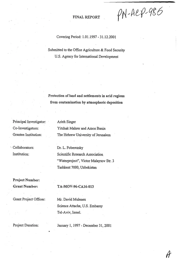 Final report covering period 1.01.1997-31.12.2001 : protection of land and settlements in arid regions from contamination by atmospheric deposition