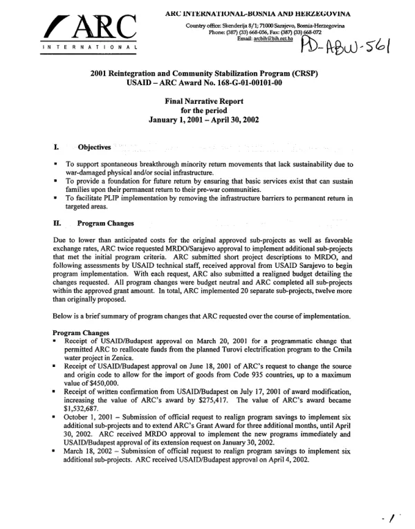 2001 reintegration and community stabilization program (CRSP) : USAID-ARC [American Refugee Committee] award no. 168-G[-00]-01-00101-00 -- final narrative report for the period January 1, 2001-April 30, 2002