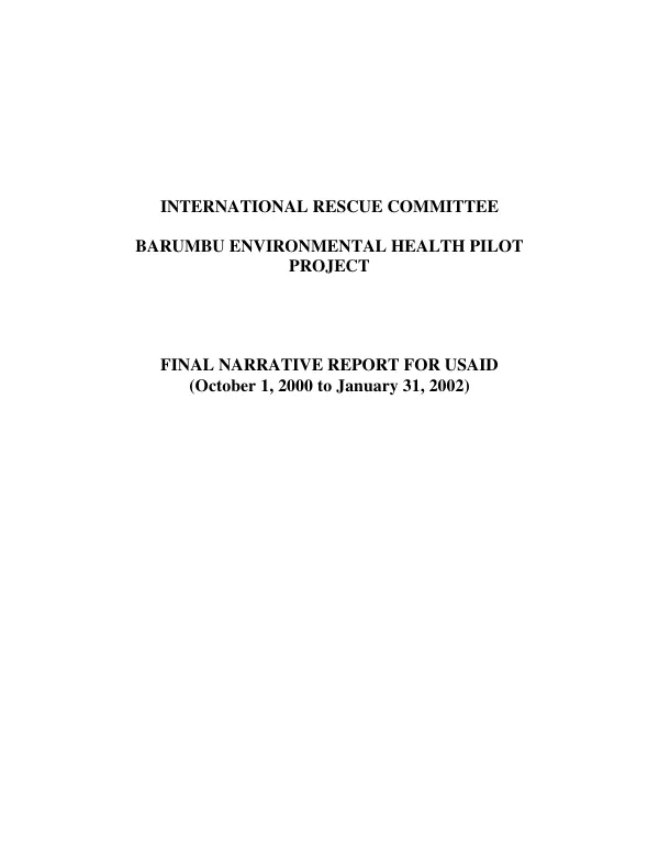 International Rescue Committee : Barumbu[, Democratic Republic of the Congo [DRC]] environmental health pilot project : final narrative report for USAID (October 1, 2000 to January 31, 2002)