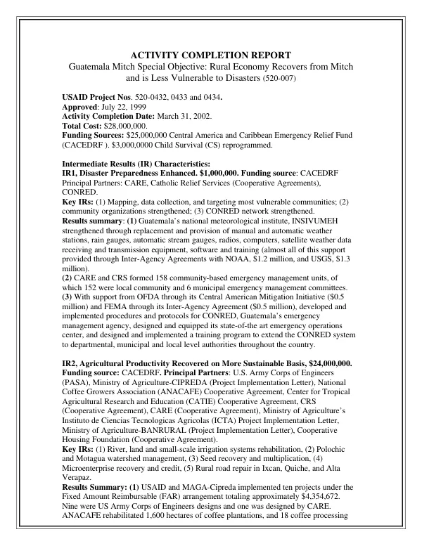 Activity completion report -- Guatemala Mitch special objective : rural economy recovers from [Hurricane] Mitch and is less vulnerable to disasters (520-007)