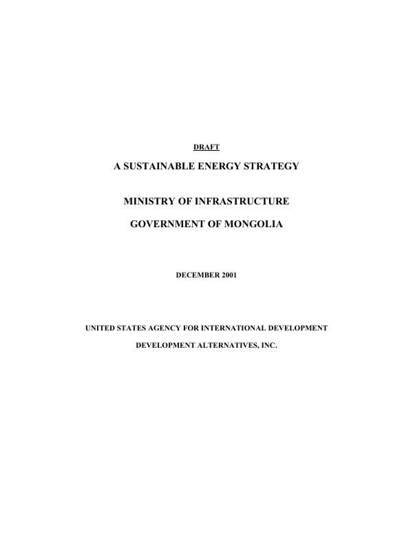 Draft : a sustainable energy strategy -- Ministry of Infrastructure, Government of Mongolia
