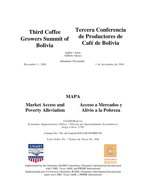 Third coffee growers summit of Bolivia [: December 12-13, 2001, Caranavi, Bolivia] = Tercera conferencia de productores de cafe de Bolivia [: el 12 y el 13 diciembre de 2001, Caranavi, Bolivia]