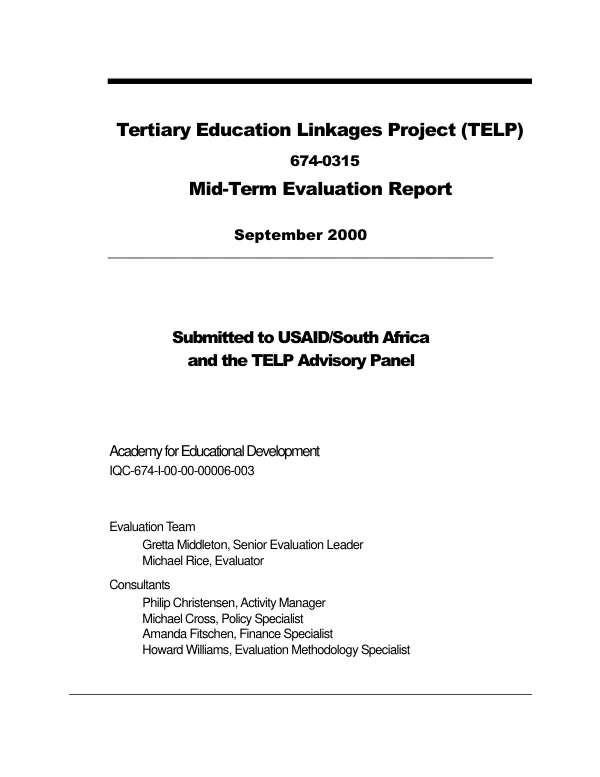 Tertiary education linkages project (TELP), 674-0315 : mid-term evaluation report