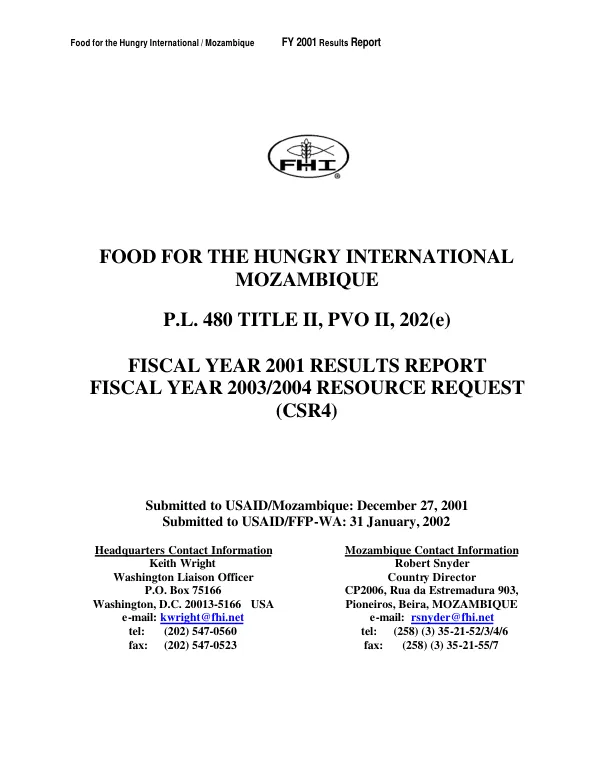 Food for the Hungry International Mozambique : PL 480 Title II, PVO II, 202(e) : fiscal year 2001 results report [&] fiscal year 2003/2004 resource request (CSR[cooperating sponsor results report and resource request]4)