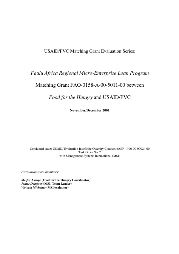 Faulu Africa regional micro-enterprise loan program : matching grant FAO-0158-A-00-5011-00 between Food for the Hungry and USAID/PVC