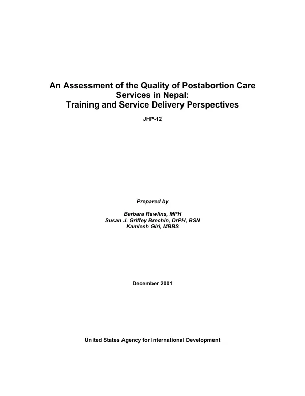 Assessment of the quality of postaboration care services in Nepal : training and service delivery perspectives