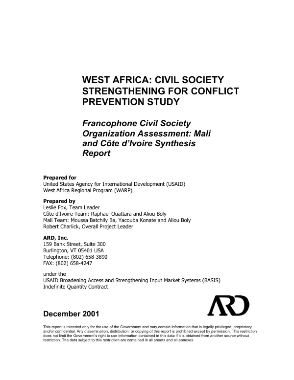 Francophone civil society organization assessment : Mali and Cote d"Ivoire synthesis report