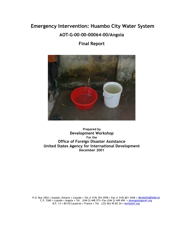 Emergency intervention : Huambo City water system -- AOT-G-00-00-00064-00/Angola -- final report