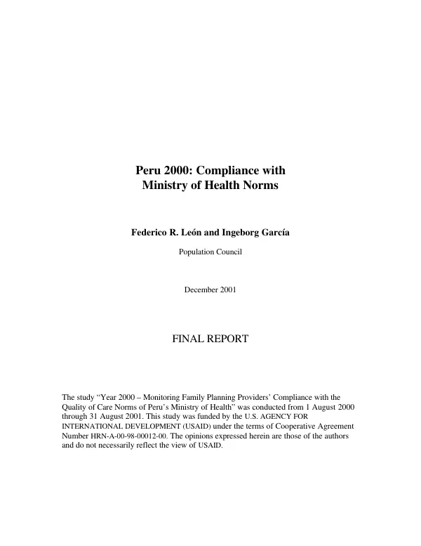 Peru 2000 : compliance with Ministry of Health norms : final report