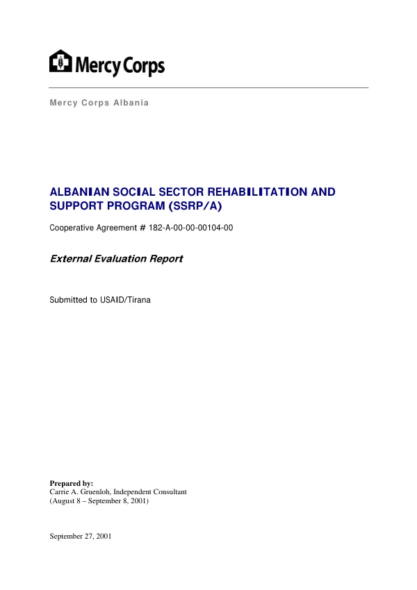 Albanian social sector rehabilitation and support program (SSRP)/A) : cooperative agreement # 182-A-00-00-00104-00 -- external evaluation report