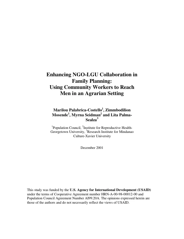 Enhancing NGO-LGU [local government unit] collaboration in family planning : using community workers to reach men in an agrarian setting