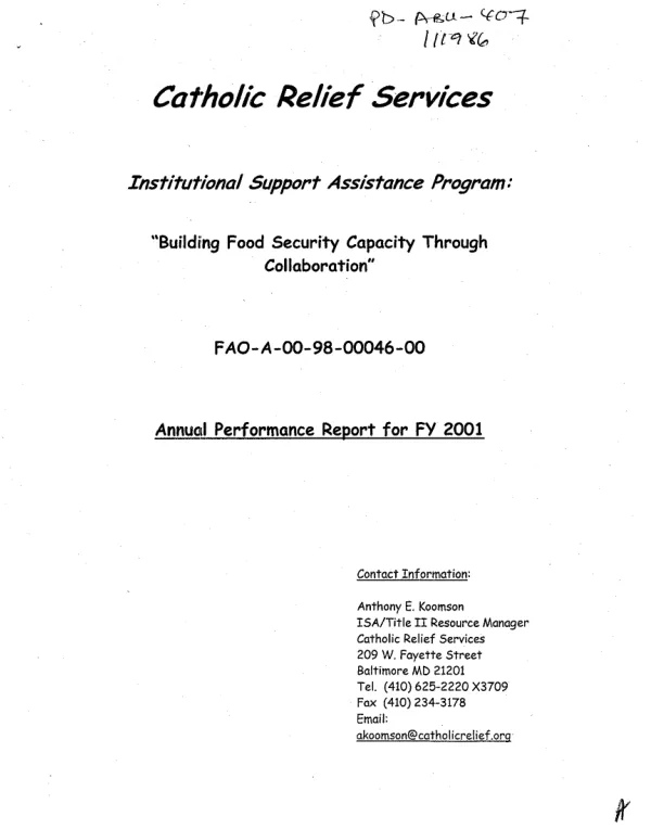 Institutional support assistance program, "building food security capacity through collaboration", FAO-A-00-98-00046-00 : annual performance report for FY 2001