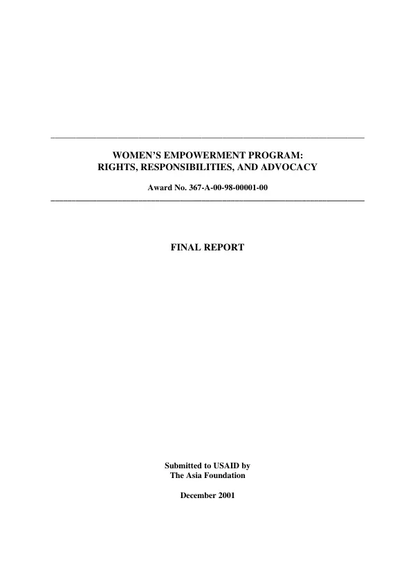 Women"s empowerment program : rights, responsibilities, and advocacy -- award no. 367-A-00-98-00001-00 -- final report