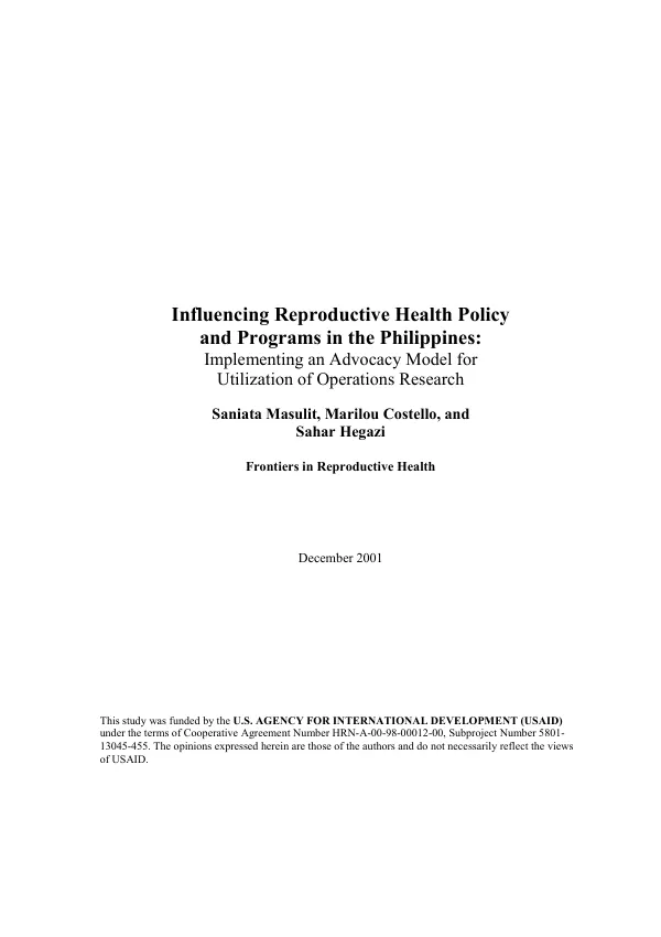 Influencing reproductive health policy and programs in the Philippines : implementing an advocacy model for utilization of operations research