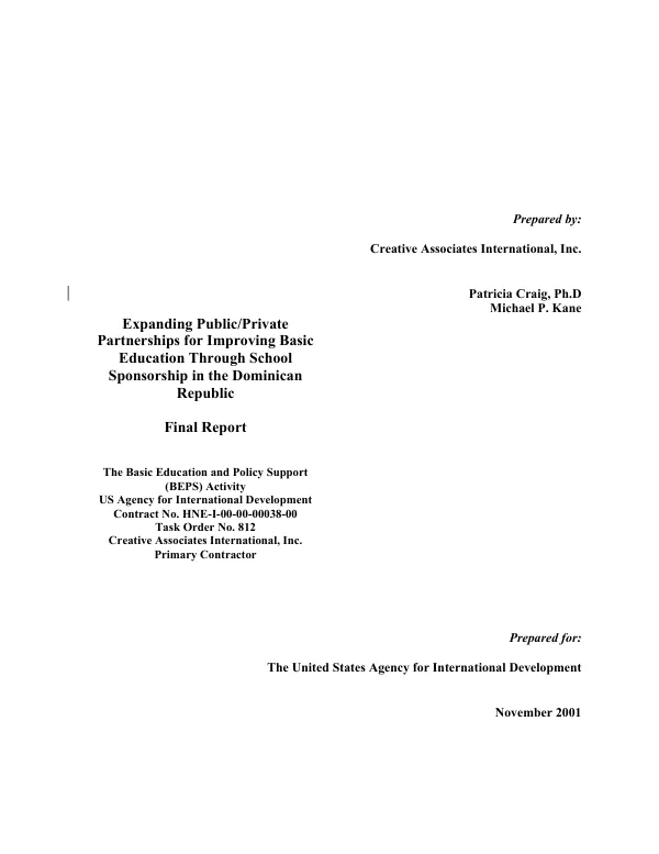Expanding public/private partnerships for improving basic education through school sponsorship in the Dominican Republic : final report