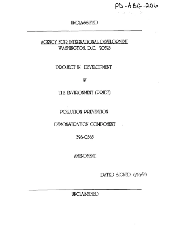 Project in development and the environment (PRIDE) pollution prevention demonstration component, 398-0365 -- amendment