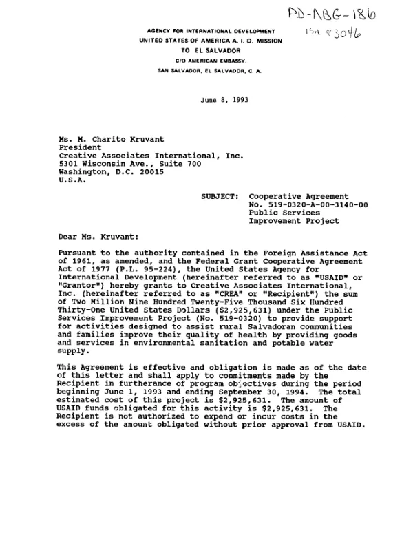 AID cooperative agreement no. 519-0320-A-00-3140-00 with Creative Associates International, Inc. to provide support in assisting rural Salvadoran communities and families improve environmental sanitation and potable water supply