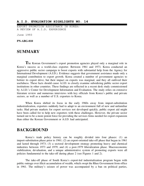 Export promotion assistance in Korea : a review of AID experience