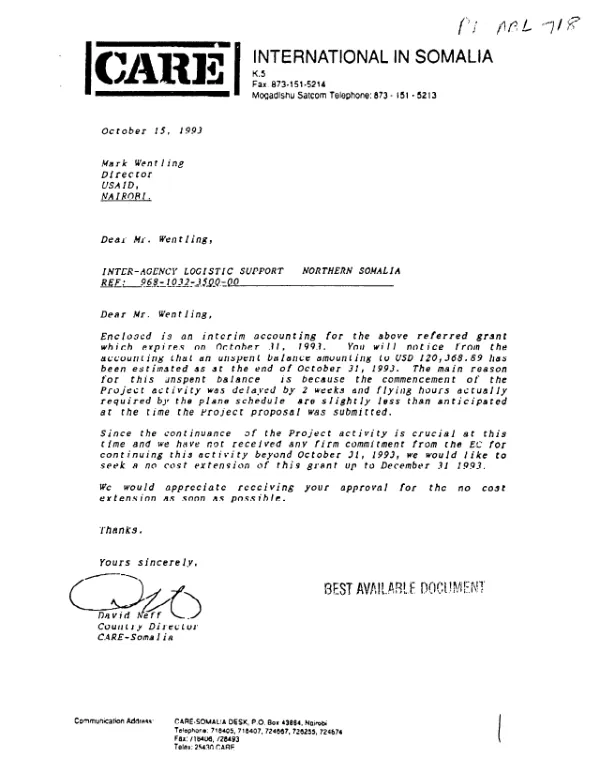 AID grant agreement no. 968-1032-G-00-3500-00 to Cooperative for American Relief Everywhere (CARE) to support the activities of all humanitarian organizations working in northern Somalia to provide transport for personnel and supplies