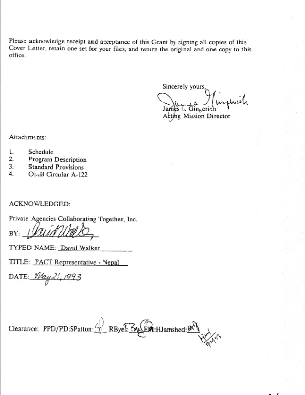 AID grant agreement no. 367-0159-G-00-3147-00 to Private Agencies Collaborating Together, Inc. (PACT) in support of its proposal, entitled `Strengthening NGO activity in Nepal to promote democratic pluralism : a proposal to the USAID Mission in Nepal", dated April 15, 1993