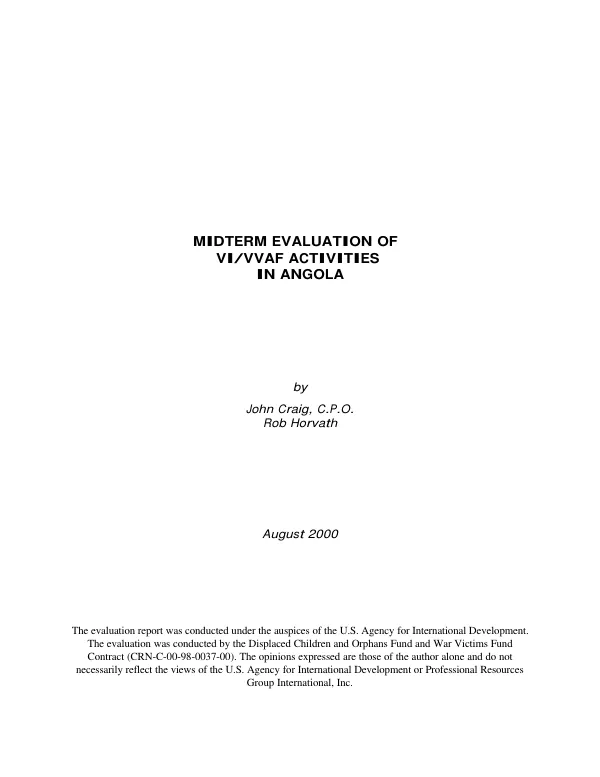Midterm evaluation of VI/VVAF [Veterans International/Vietnam Veterans of America Foundation] activities in Angola