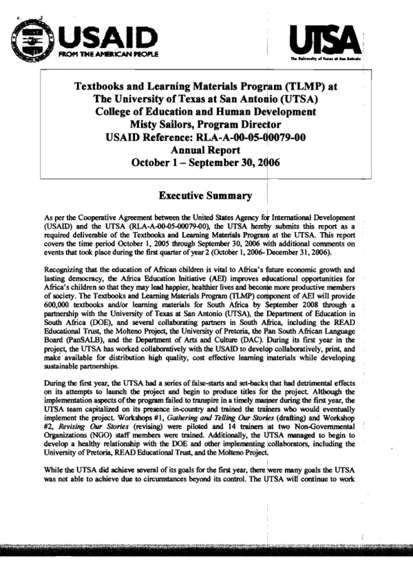 Textbooks and learning materials program (TLMP) at the University of Texas at San Antonio (UTSA) College of Education and Human Development : annual report, October 1-September 30, 2006