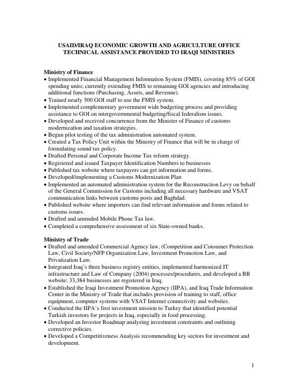 USAID/Iraq Economic Growth and Agriculture Office : technical assistance provided to Iraqi ministries