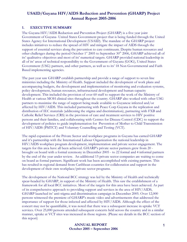 USAID/Guyana HIV/AIDS reduction and prevention (GHARP) project : annual report, October 2005-September 2006
