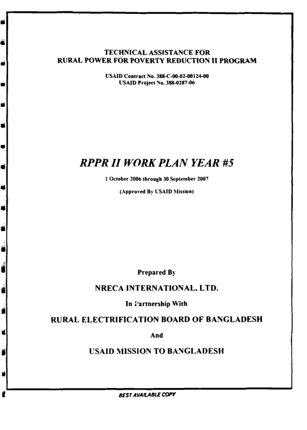 Technical assistance for rural power for poverty reduction program : RPPR II work plan year #5 -- 1 October 2006 through 30 September 2007 (approved by USAID Mission)