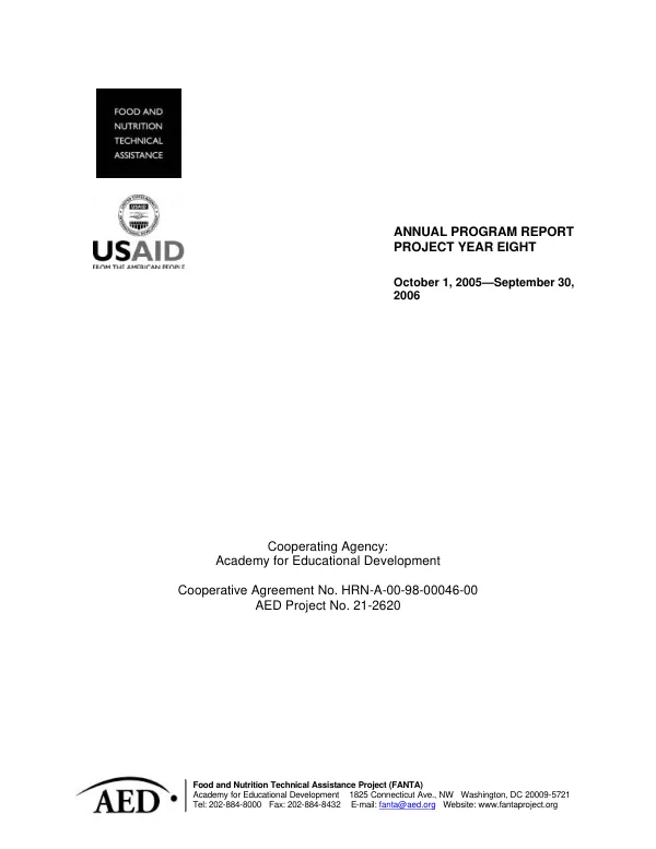 Annual program report, project year eight, October 1, 2005-September 30, 2006 : food and nutrition technical assistance [FANTA]