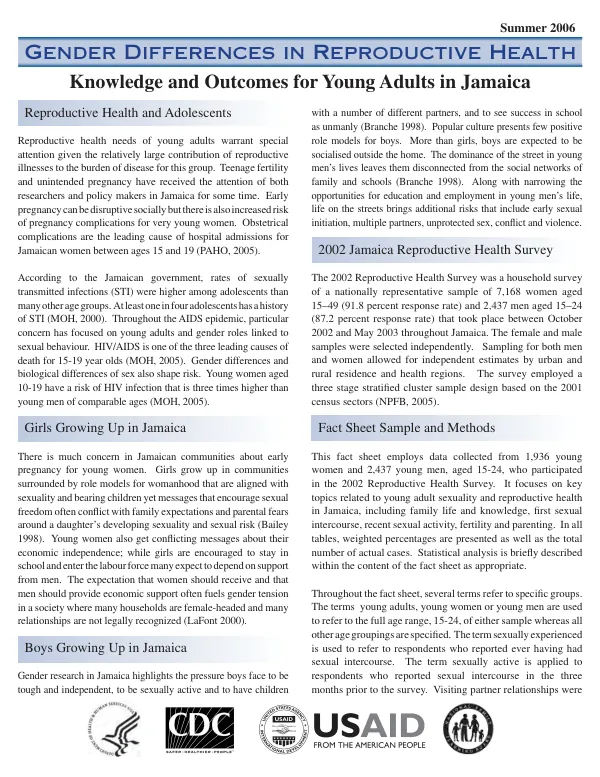 Gender differences in reproductive health : knowledge and outcomes for young adults in Jamaica