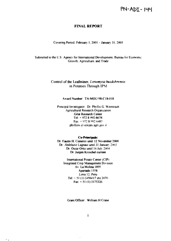 Final report : control of the leafminer, liriomyza huidobrensis in potatoes through IPM
