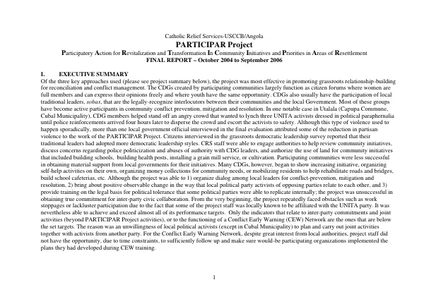 Catholic Relief Services-USCCB/Angola : PARTICIPAR project, Participatory Action for Revitalization and Transformation In Community Initiatives and Priorities in Areas of Resettlement -- final report, October 2004 to September 2006