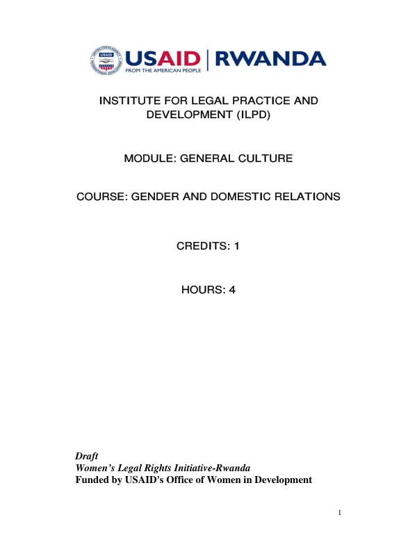 Institute for Legal Practice and Development (ILPD) -- module : general culture, course : gender and domestic relations -- credits : 1, hours : 4