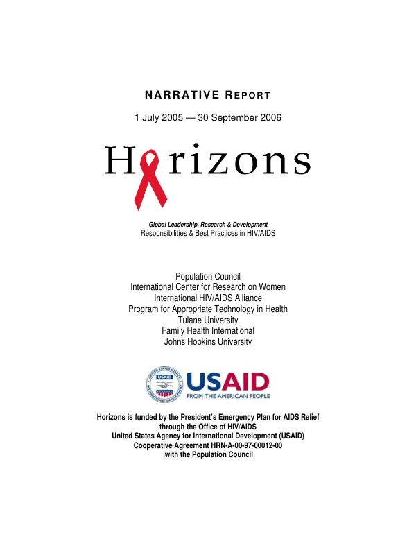 Narrative report, 1 July 2005-30 September 2006 : HORIZONS -- global leadership, research & development responsibilities & best practices in HIV/AIDS