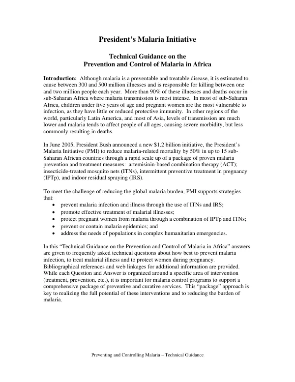Technical guidance on the prevention and control of malaria in Africa