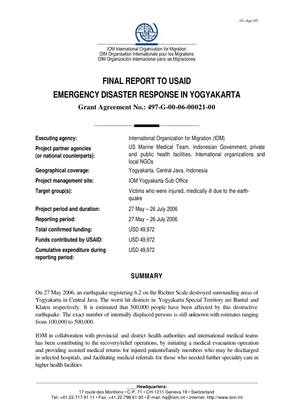 Final report to USAID emergency disaster response in Yogyakarta : grant agreement no. 497-G-00-06-00021-00