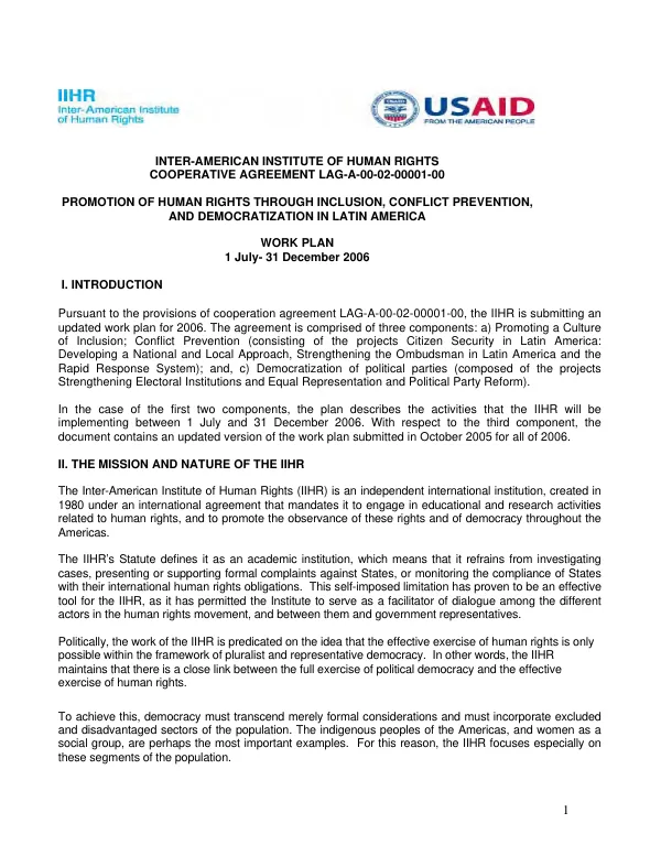 Inter-American Institute of Human Rights : United States Agency for International Development cooperative agreement no. LAG-A-00-02-00001-00 -- promoting human rights through inclusion, conflict prevention and democratization in Latin America : work plan, 1 July-31 December 2006