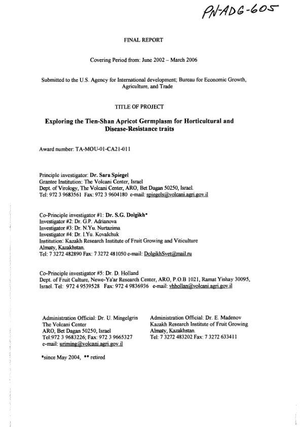 Final report covering period from : June 2002-March 2006 -- exploring the Tien-Shan apricot germplasm for horticultural and disease-resistance traits