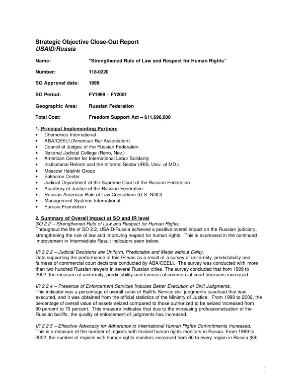 Strategic objective close-out report : USAID/Russia -- strengthened rule of law and respect for human rights