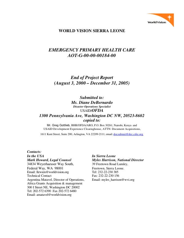 Emergency primary health care : AOT-G-00-00-00184-00 -- end of project report (August 3, 2000-December 31, 2005)